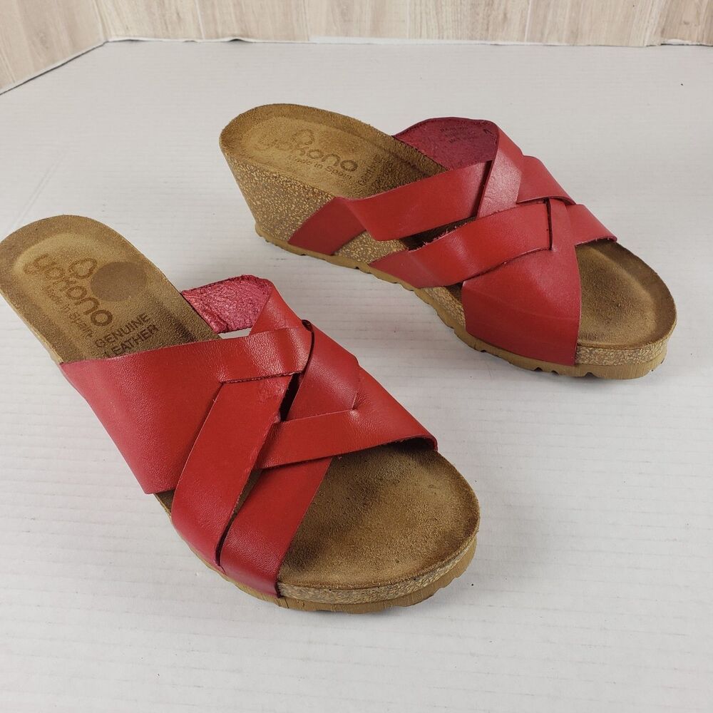 Yokono Spain Red Leather Cross Over Strap Slide Boho Cork Wedge Sandle Size 9